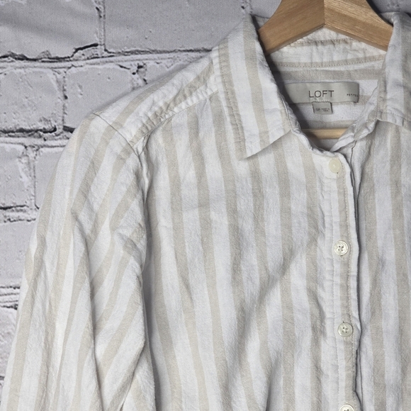 Loft Petites Striped Tie Front Linen Blend Button Up Shirt Beige White Size SP - Picture 4 of 11